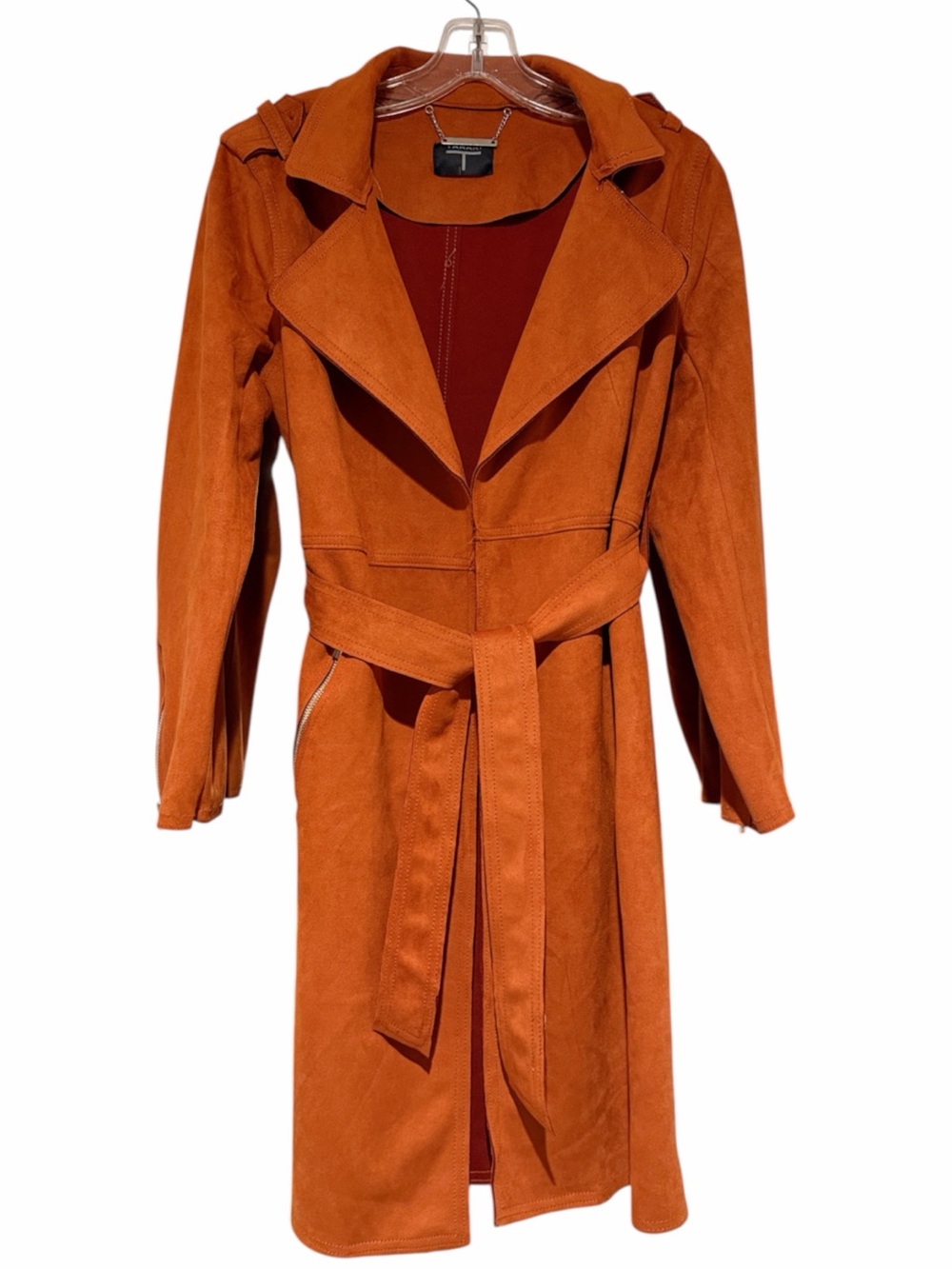 Tahari Burnt Orange Suede-Look Trench Coat with Waist Tie